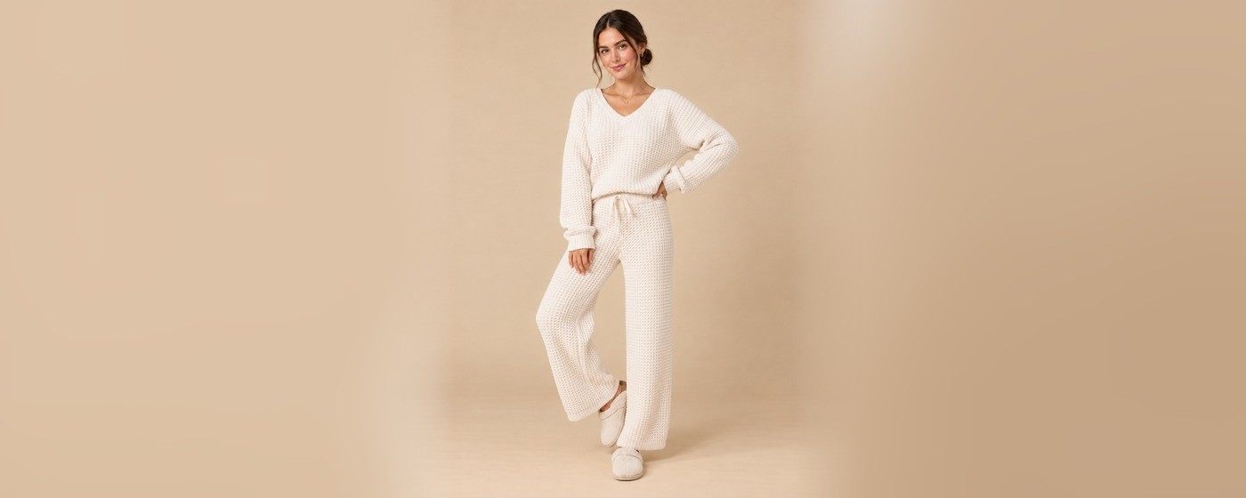 Ivory chunky knit V-neck lounge set with a ribbed top and wide-leg drawstring pants for private label knit loungewear