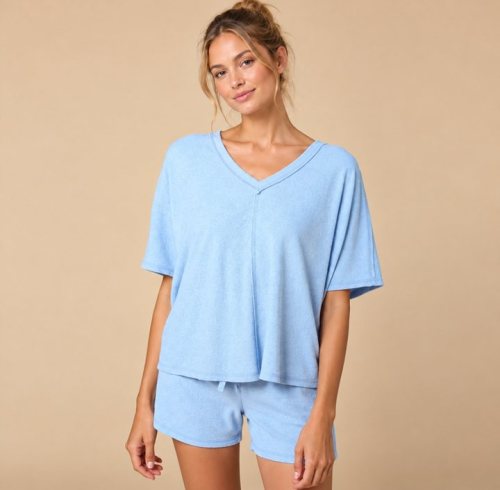 Cornflower Blue V Neck Oversized Tee and Shorts Set Supplier | Women's Knit Homewear Manufacturer