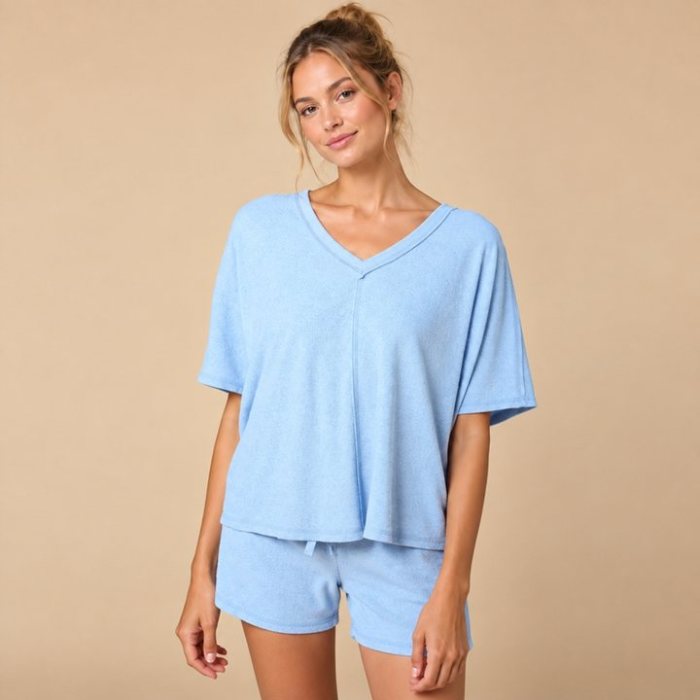 Cornflower Blue V Neck Oversized Tee and Shorts Set Supplier | Women's Knit Homewear Manufacturer