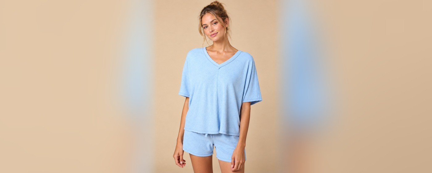 Cornflower blue V-neck oversized tee and shorts set in a soft knit for private label women's homewear