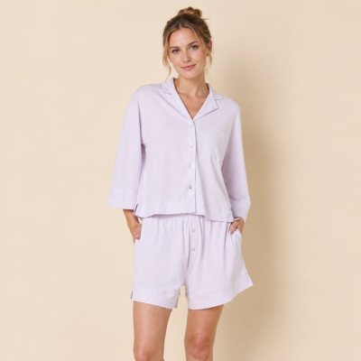 Lilac Notch Collar Shirt and Shorts Set Supplier | Women's Woven Homewear Manufacturer