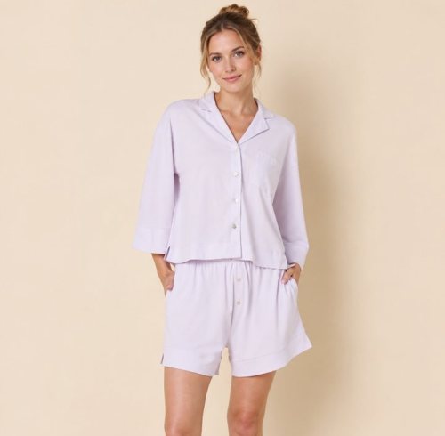 Lilac Notch Collar Shirt and Shorts Set Supplier | Women's Woven Homewear Manufacturer