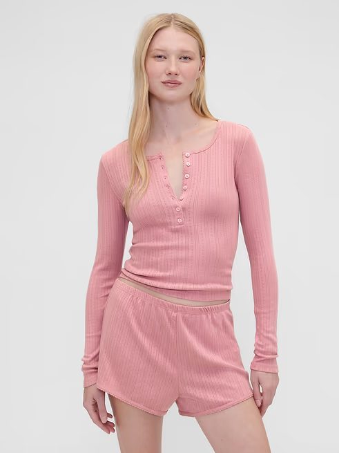 Pink rib-knit lounge set with a henley top and matching shorts