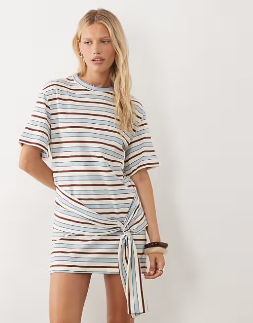 Striped T-shirt lounge dress with a tie-front waist