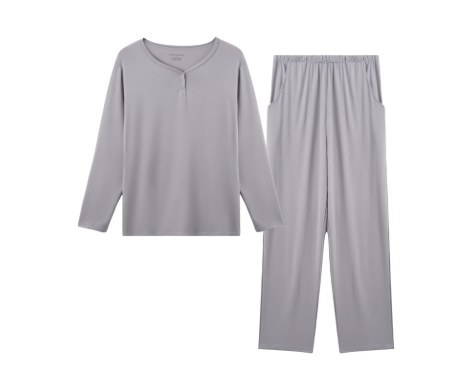 Grey lyocell pajama set with a button-front long-sleeve top and relaxed straight-leg lounge pants