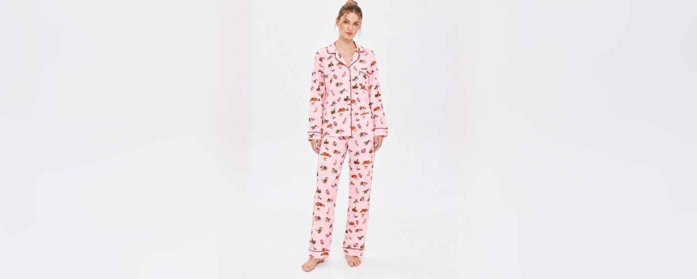 Pink harvest print long sleeve pajama set with a notch collar shirt and matching pants for private label printed sleepwear