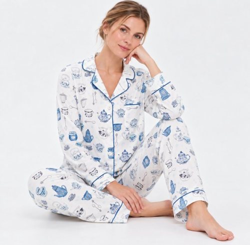Kitchen Print Pajama Set Supplier | Blue and White Printed Sleepwear