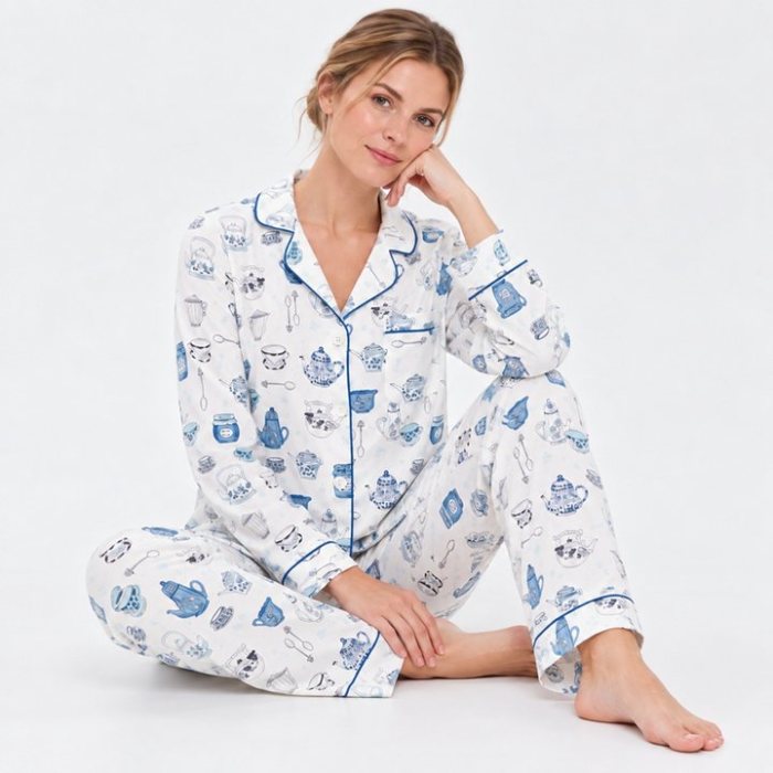 Kitchen Print Pajama Set Supplier | Blue and White Printed Sleepwear