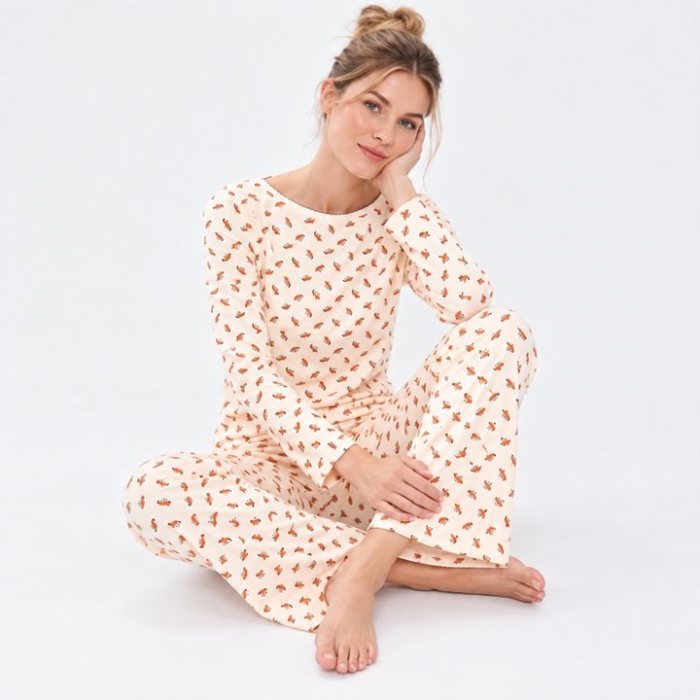 Fox Print Long Sleeve Pajama Set Supplier | Women's Boat Neck Sleepwear