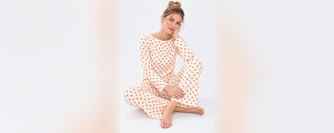 Cream fox print long sleeve pajama set with a boat neck top and wide leg pants for private label novelty sleepwear