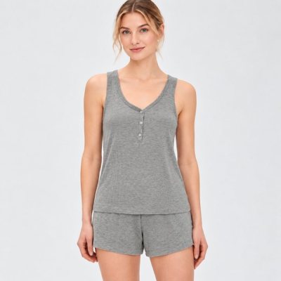 Ribbed Henley Cami and Shorts Set Supplier | Women's Knit Sleepwear