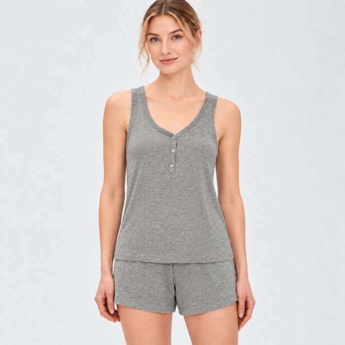 Ribbed Henley Cami and Shorts Set Supplier | Women's Knit Sleepwear