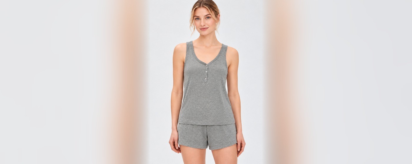 Heather grey ribbed henley cami and shorts set with a button placket and drawstring waist for private label knit sleepwear