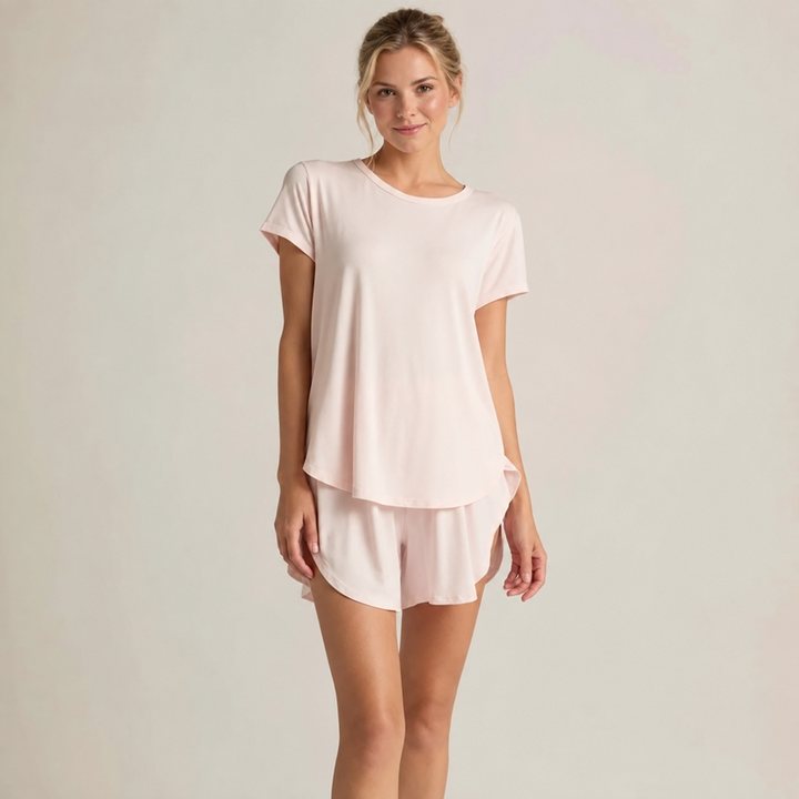 Pink modal crew neck T-shirt and drawstring lounge shorts