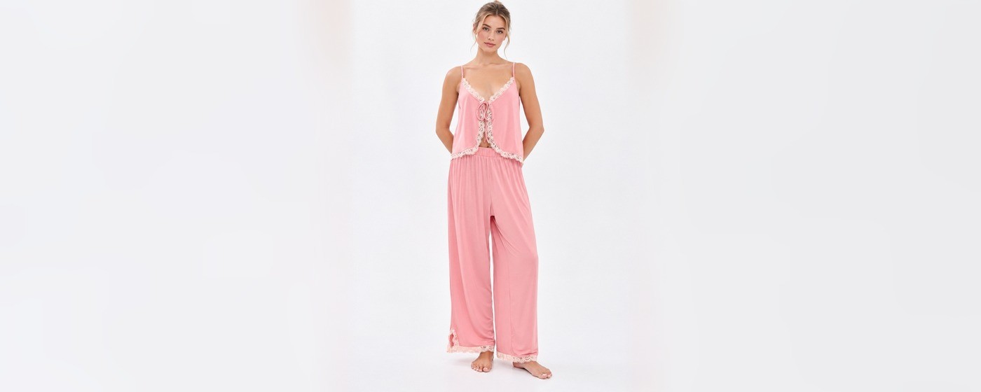 Soft pink lace trim cami with a tie front and matching wide leg pants for private label lounge homewear