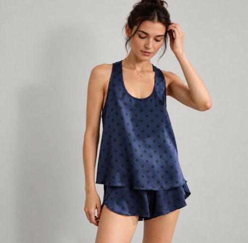 Navy Polka Dot Satin Cami and Shorts Set Supplier | Women's Satin Sleepwear