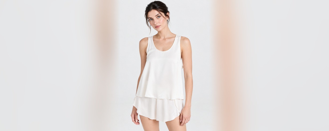White satin cami and shorts set with a tiered layered hem for private label satin sleepwear