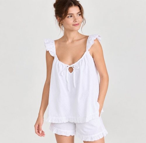 White Swiss Dot Ruffle Cami Set Supplier | Women's Cotton Sleepwear