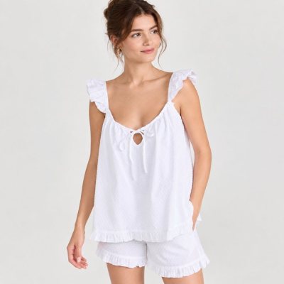 White Swiss Dot Ruffle Cami Set Supplier | Women's Cotton Sleepwear