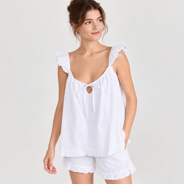 White Swiss Dot Ruffle Cami Set Supplier | Women's Cotton Sleepwear