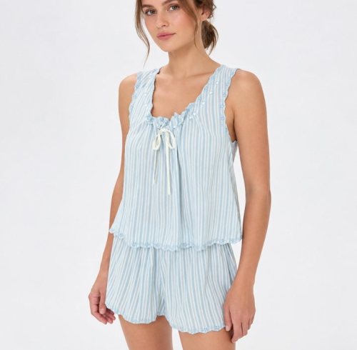 Blue Stripe Crinkle Cami and Shorts Set Supplier | Women's Cotton Sleepwear