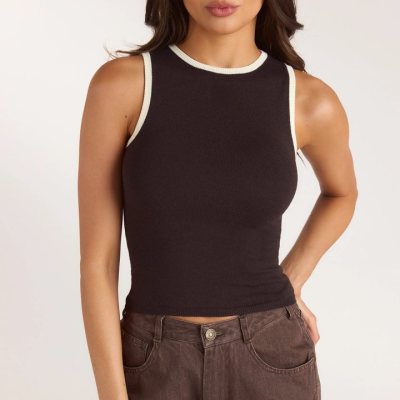 Chocolate Ribbed Knit Racerback Vest Top Supplier | Women's Cropped Lounge Top