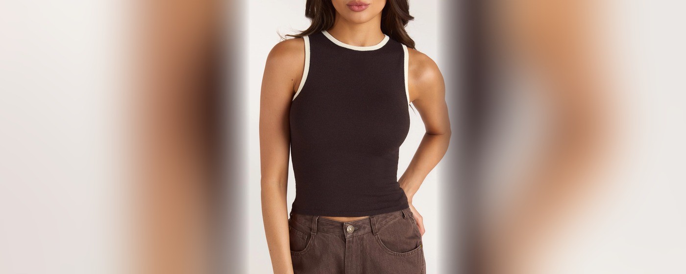 Chocolate ribbed knit racerback vest top with a contrast trimmed neckline and cropped hem
