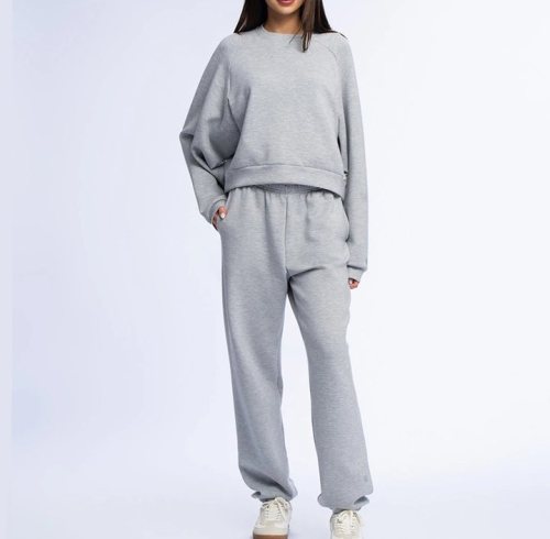 Heather Grey Melange Crewneck Sweatshirt and Wide Leg Pants Set Supplier | Women's Lounge Set