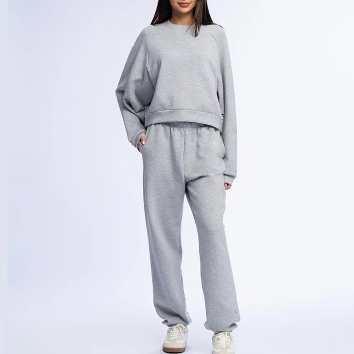 Heather Grey Melange Crewneck Sweatshirt and Wide Leg Pants Set Supplier | Women's Lounge Set