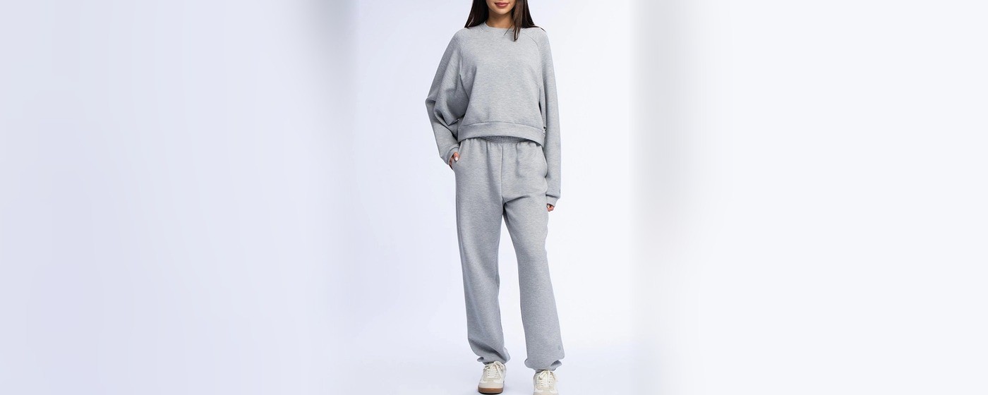 Heather grey melange crewneck sweatshirt and wide leg drawstring pants set for private label lounge wear