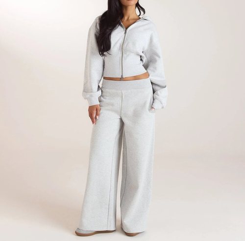 Pearl Grey Cropped Zip-Up Hoodie and Wide Leg Pants Set Supplier | Women's Lounge Set