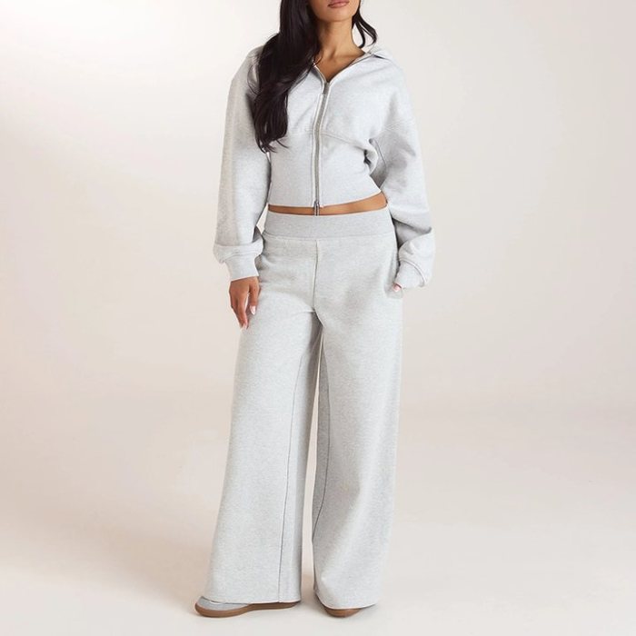 Pearl Grey Cropped Zip-Up Hoodie and Wide Leg Pants Set Supplier | Women's Lounge Set