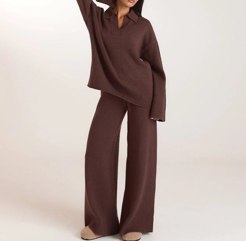 Chocolate Half Placket Knit Jumper and Wide Leg Trousers Set Supplier | Knit Loungewear