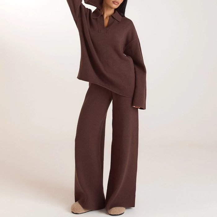 Chocolate Half Placket Knit Jumper and Wide Leg Trousers Set Supplier | Knit Loungewear