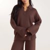 Chocolate Half Placket Knit Jumper and Wide Leg Trousers Set Supplier | Knit Loungewear