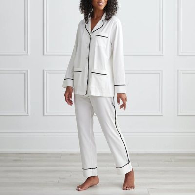 Ivory Stretch Cotton Pajama Set Supplier | Long Sleeve Notch Collar Sleepwear