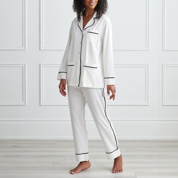 Ivory Stretch Cotton Pajama Set Supplier | Long Sleeve Notch Collar Sleepwear