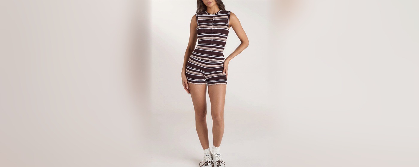 Brown and cream multi stripe knit button front sleeveless top with matching knit shorts