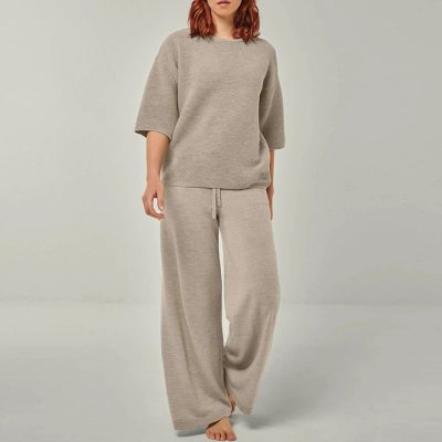 Greige Textured Knit Top and Wide Leg Pants Set Supplier | Women's Knit Loungewear