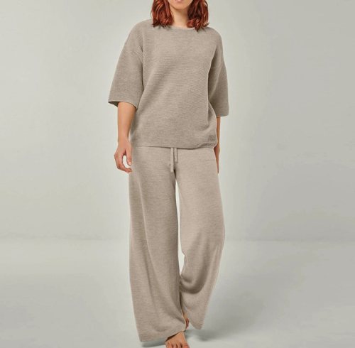 Greige Textured Knit Top and Wide Leg Pants Set Supplier | Women's Knit Loungewear