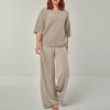 Greige Textured Knit Top and Wide Leg Pants Set Supplier | Women's Knit Loungewear