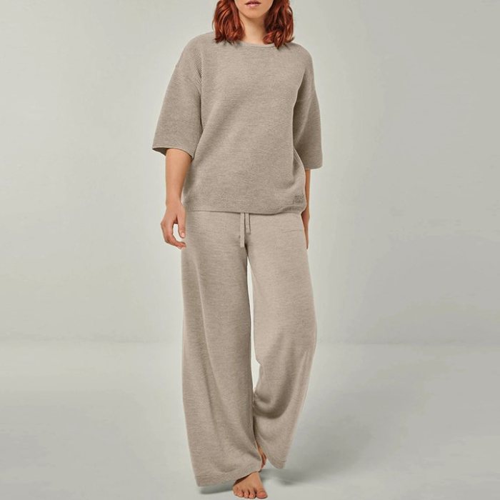 Greige Textured Knit Top and Wide Leg Pants Set Supplier | Women's Knit Loungewear