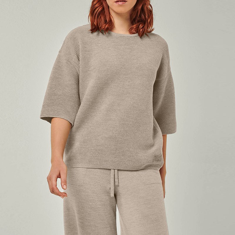 Slub textured fine gauge knit and crew neckline detail on a greige knit lounge set