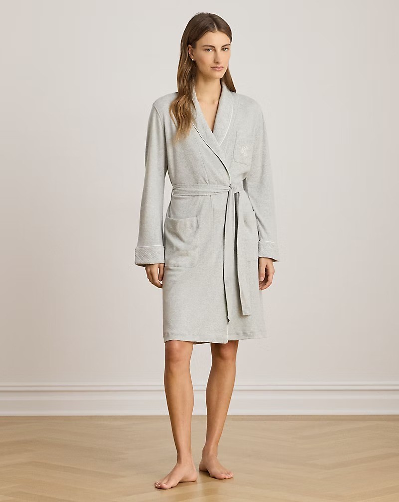 Light grey shawl collar robe with a soft wrap front, tie belt and patch pockets