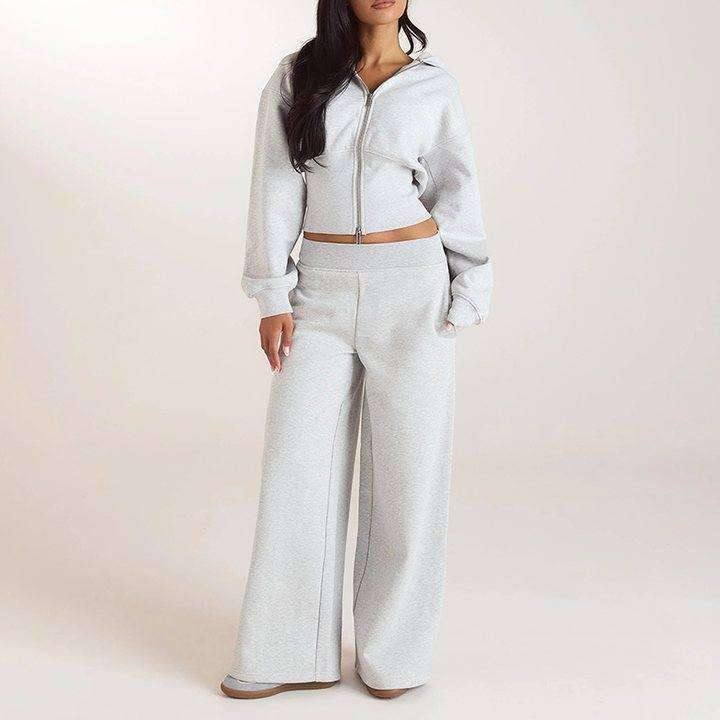 Pearl grey cropped zip-up hoodie and wide leg pants set
