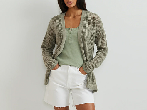 Sage green open-front cardigan sweater with a ribbed placket and textured knit