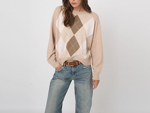 Beige and brown argyle checkered knit sweater with the pattern matched across the front and sleeves