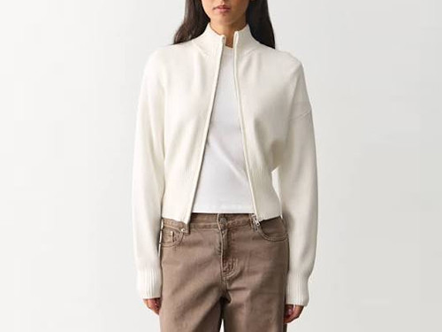 Ivory zip-through knit sweater jacket with a stand collar and ribbed cuffs