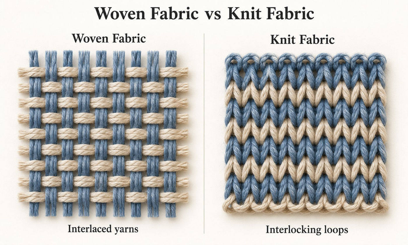 Side-by-side comparison of woven fabric made of interlaced yarns and knit fabric made of interlocking loops