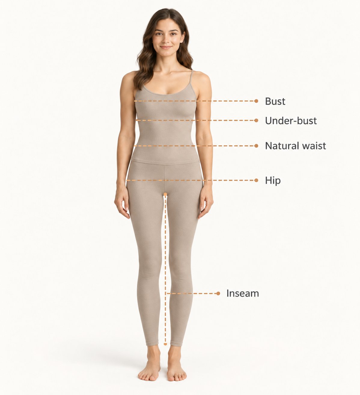 Woman with body measurement guides for bust waist hip and inseam